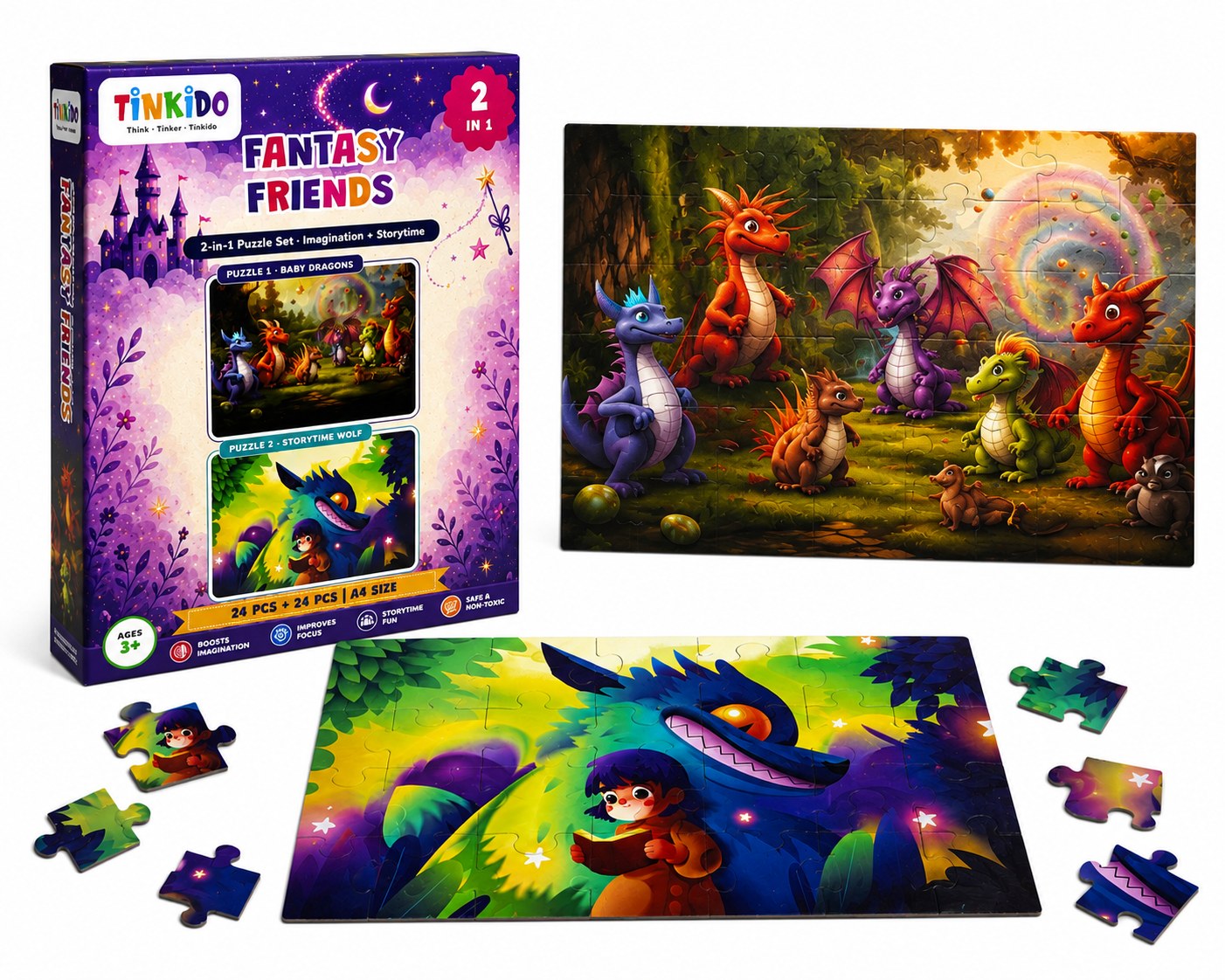 Tinkido Fantasy Friends 2-in-1 puzzle set, two 24-piece puzzles