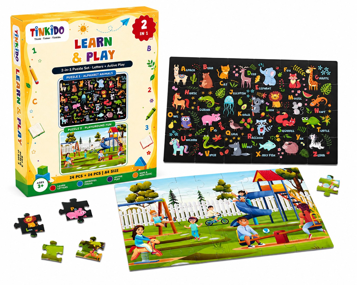Tinkido Learn & Play 2-in-1 puzzle set, two 24-piece puzzles