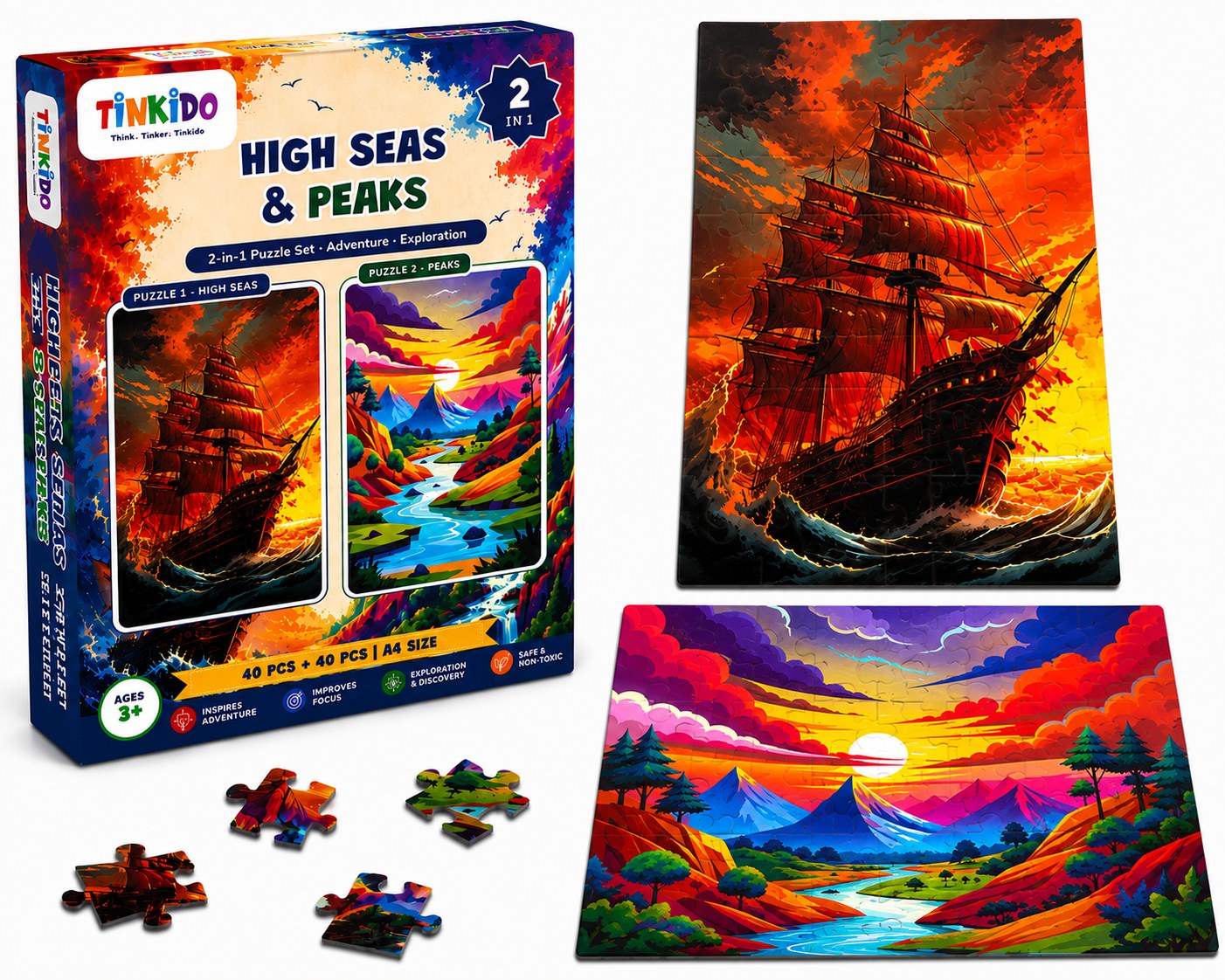 Tinkido High Seas & Peaks 2-in-1 puzzle set, two 40-piece puzzles