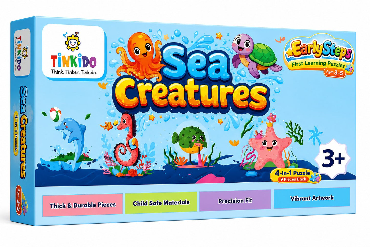 Tinkido Sea Creatures 4-in-1 puzzle set box, 36 pieces, ages 2-4