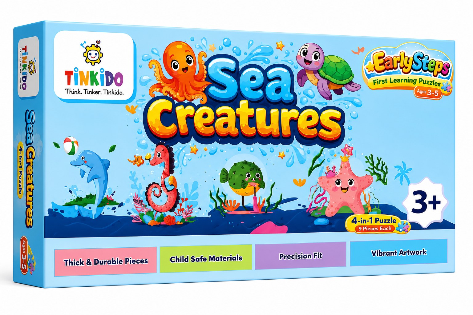 Tinkido Sea Creatures 4-in-1 puzzle set box, 36 pieces, ages 2-4