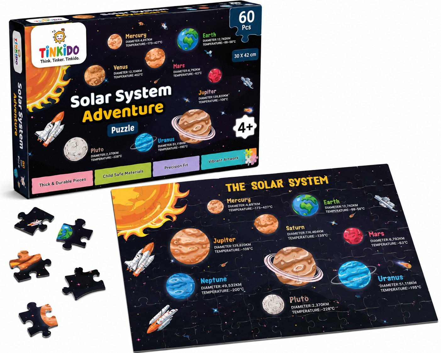 Tinkido Solar System Adventure puzzle box and finished artwork, 60 pieces