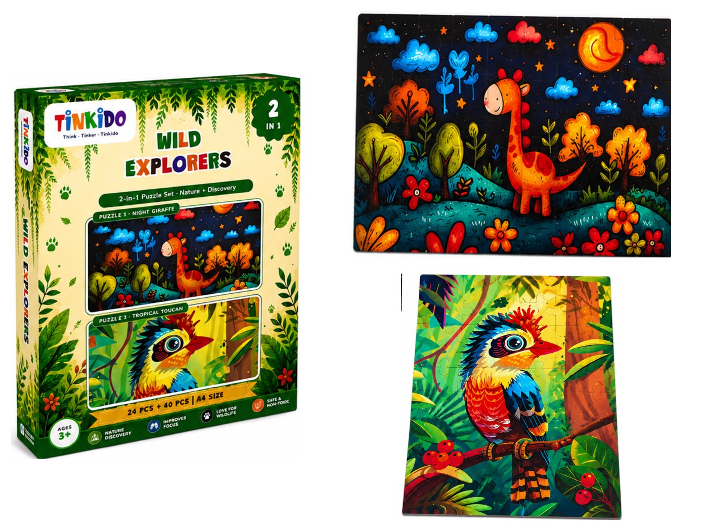 Tinkido Wild Explorers 2-in-1 puzzle set, 24 + 40 pieces